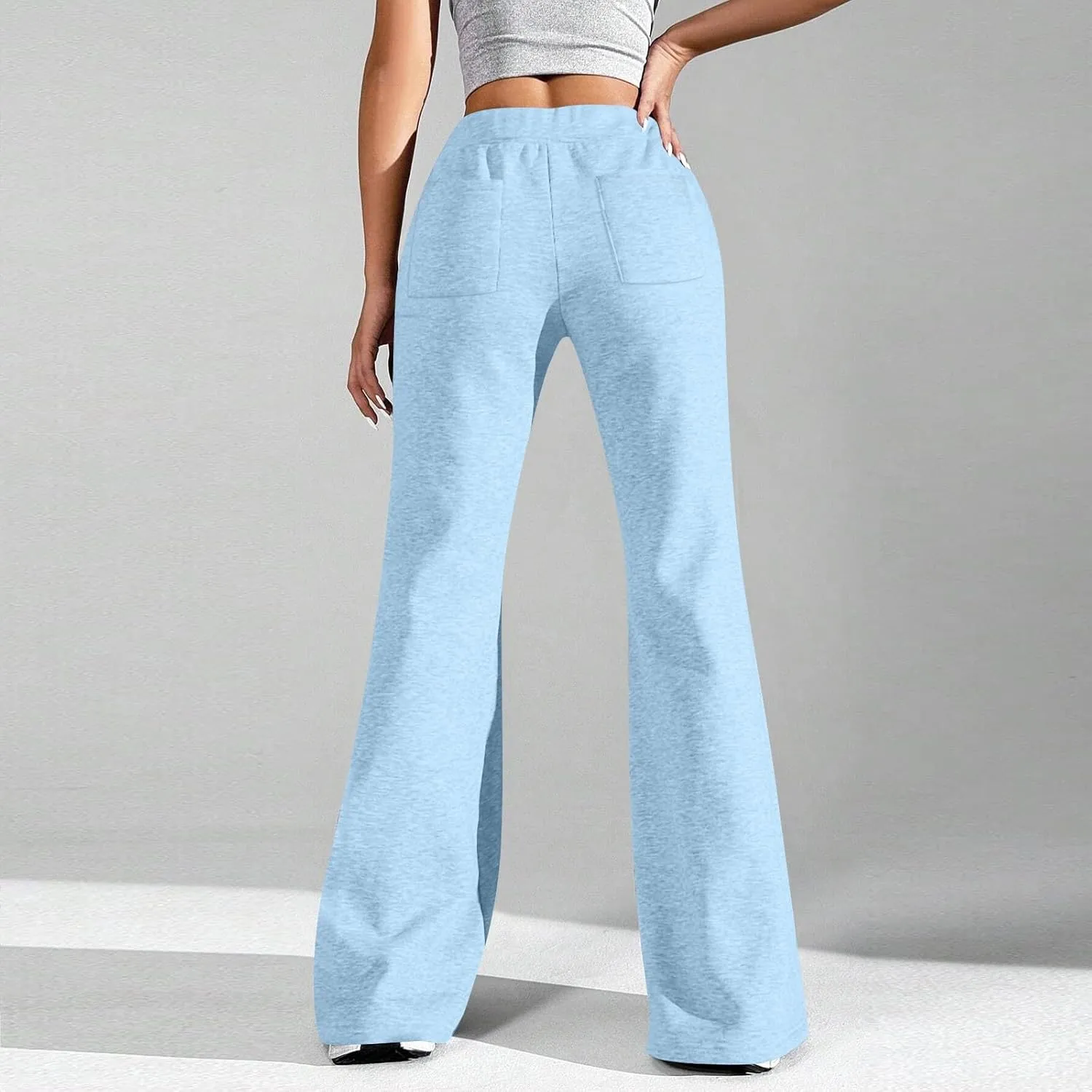 Flare Sweatpants Women Fleece Lined Joggers Wide Leg Lounge Pants with Pockets Drawstring Bell Bottoms Bootcut