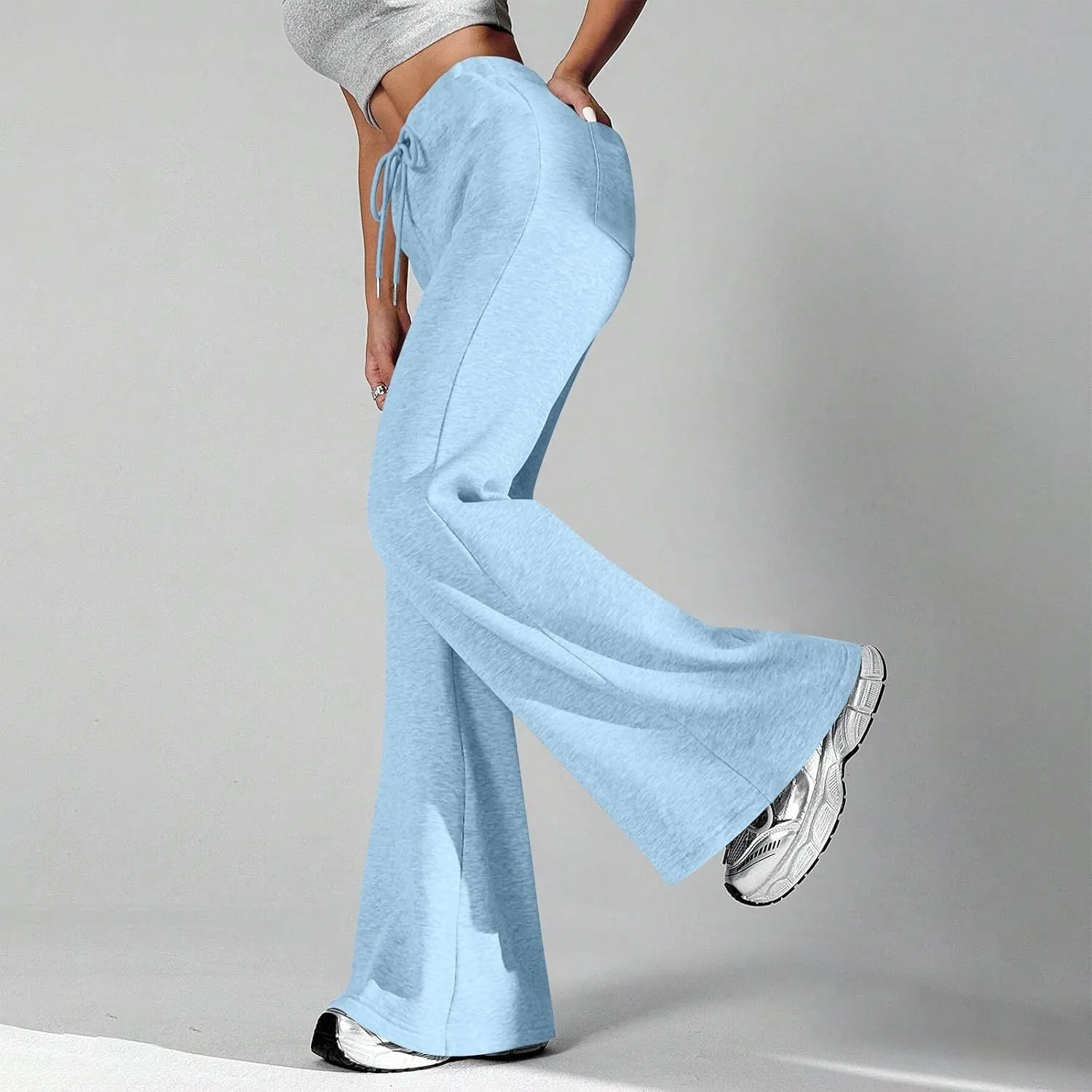 Flare Sweatpants Women Fleece Lined Joggers Wide Leg Lounge Pants with Pockets Drawstring Bell Bottoms Bootcut