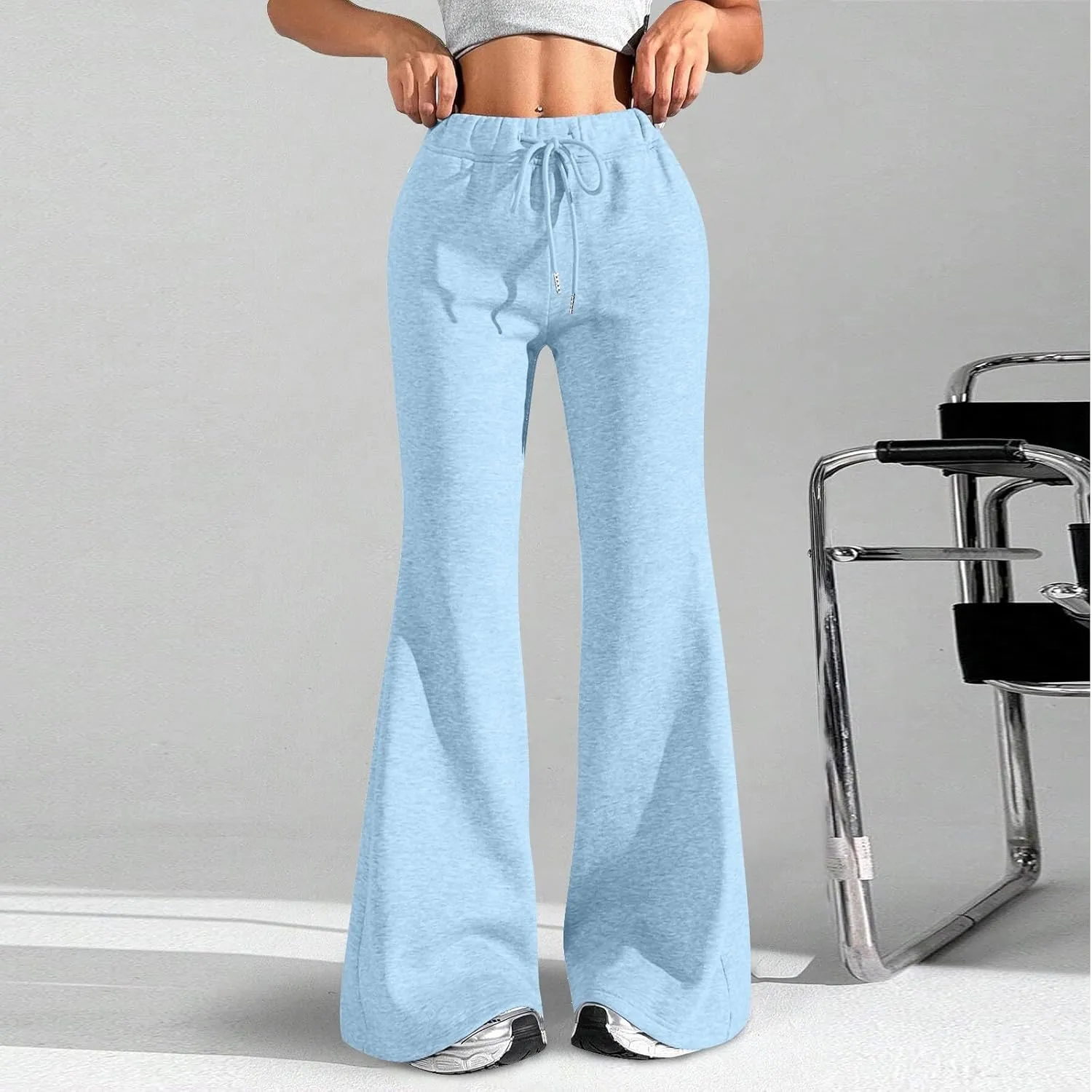 Flare Sweatpants Women Fleece Lined Joggers Wide Leg Lounge Pants with Pockets Drawstring Bell Bottoms Bootcut
