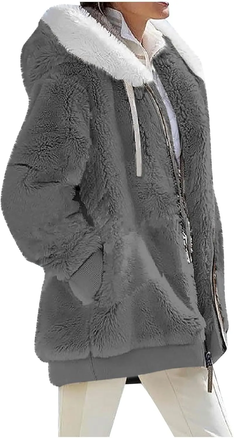 Fleece Jacket Women Sherpa Jacket Zip Up Hooded Oversized Coats Warm Winter Coats for Women 2024 with Pockets