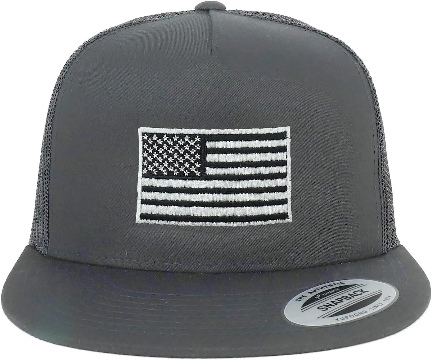 Flexfit Oversize XXL Grey American Flag Embroidered 5 Panel Flatbill Snapback Mesh Cap