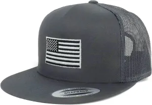 Flexfit Oversize XXL Grey American Flag Embroidered 5 Panel Flatbill Snapback Mesh Cap