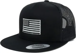 Flexfit Oversize XXL Grey American Flag Embroidered 5 Panel Flatbill Snapback Mesh Cap