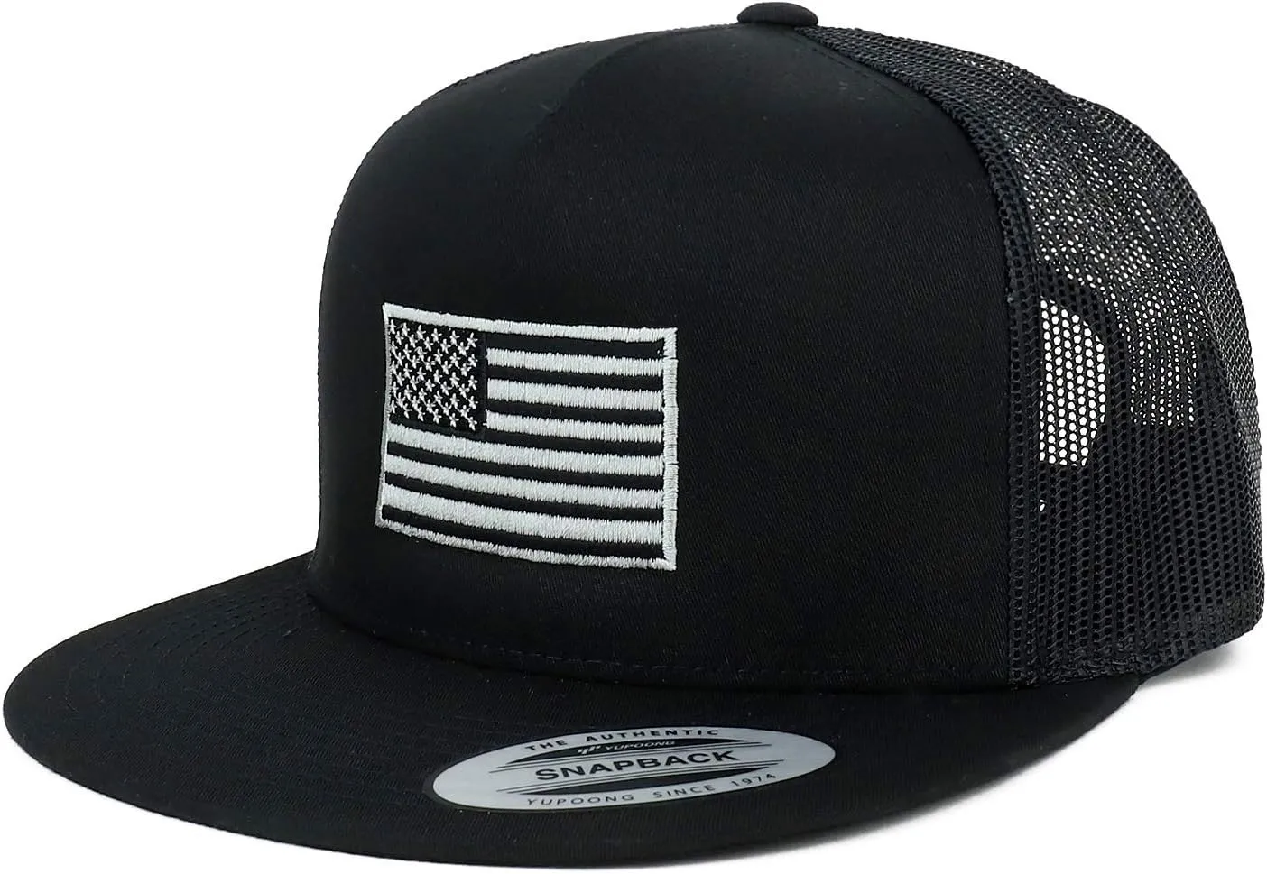 Flexfit Oversize XXL Grey American Flag Embroidered 5 Panel Flatbill Snapback Mesh Cap