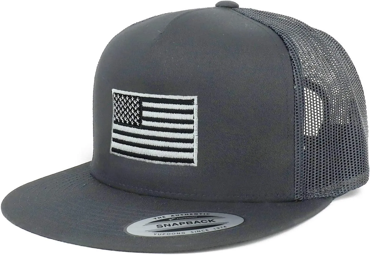 Flexfit Oversize XXL Grey American Flag Embroidered 5 Panel Flatbill Snapback Mesh Cap