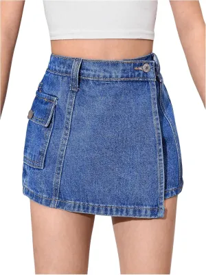 Floerns Girl's Wrap Front High Waist Denim Skorts Straight Leg Skirt Shorts