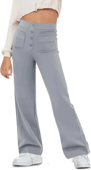 Flygo Girls Flare Yoga Pants Kids High Waisted Multiple Pockets Bell Bottoms Button Bootcut Stretchy Pants