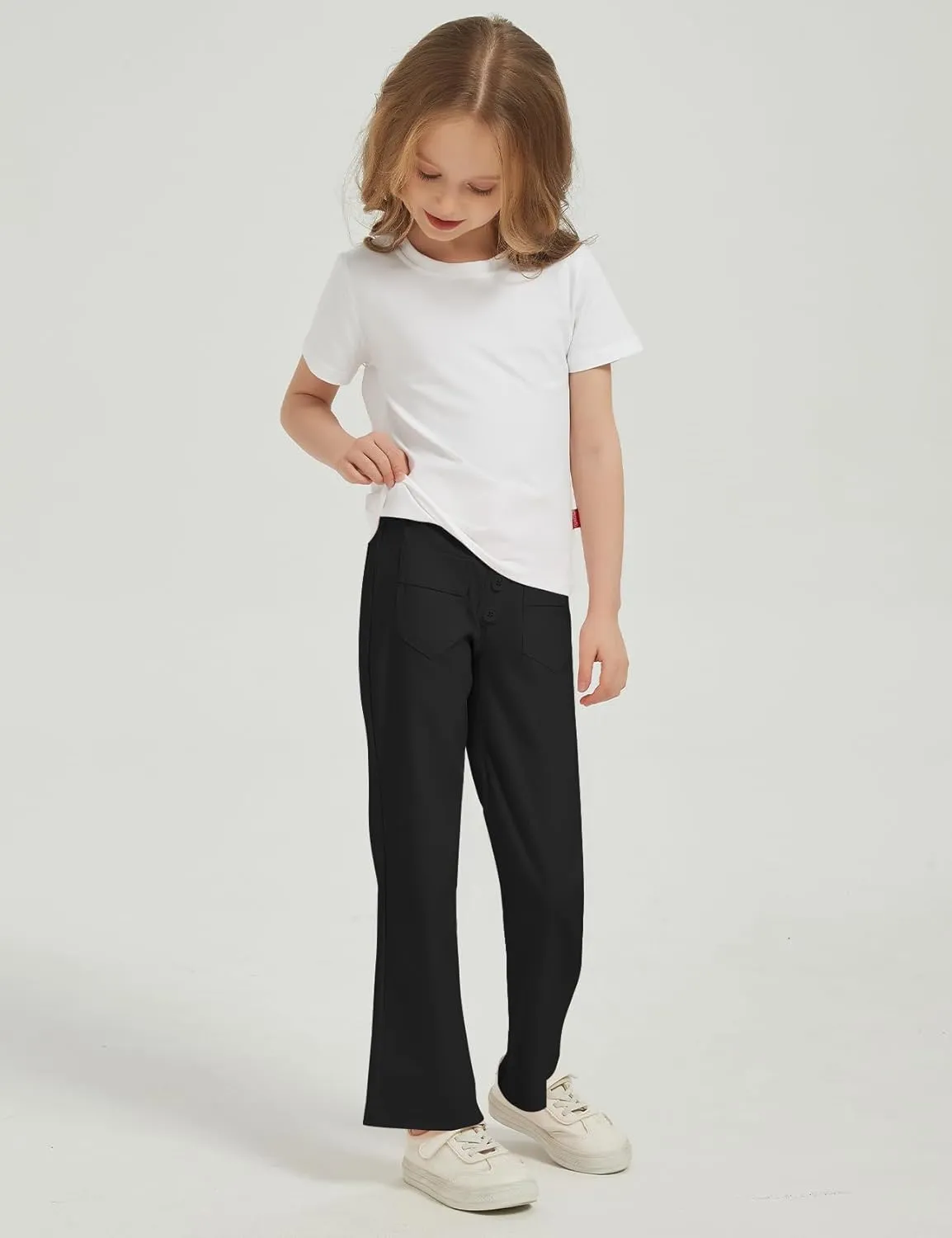 Flygo Girls Flare Yoga Pants Kids High Waisted Multiple Pockets Bell Bottoms Button Bootcut Stretchy Pants