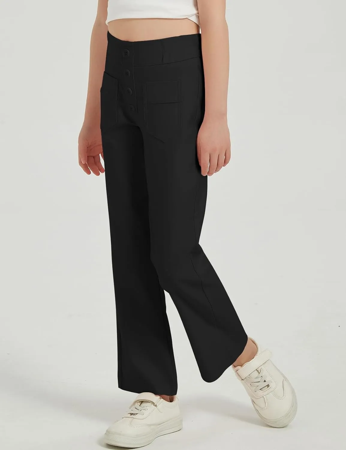 Flygo Girls Flare Yoga Pants Kids High Waisted Multiple Pockets Bell Bottoms Button Bootcut Stretchy Pants