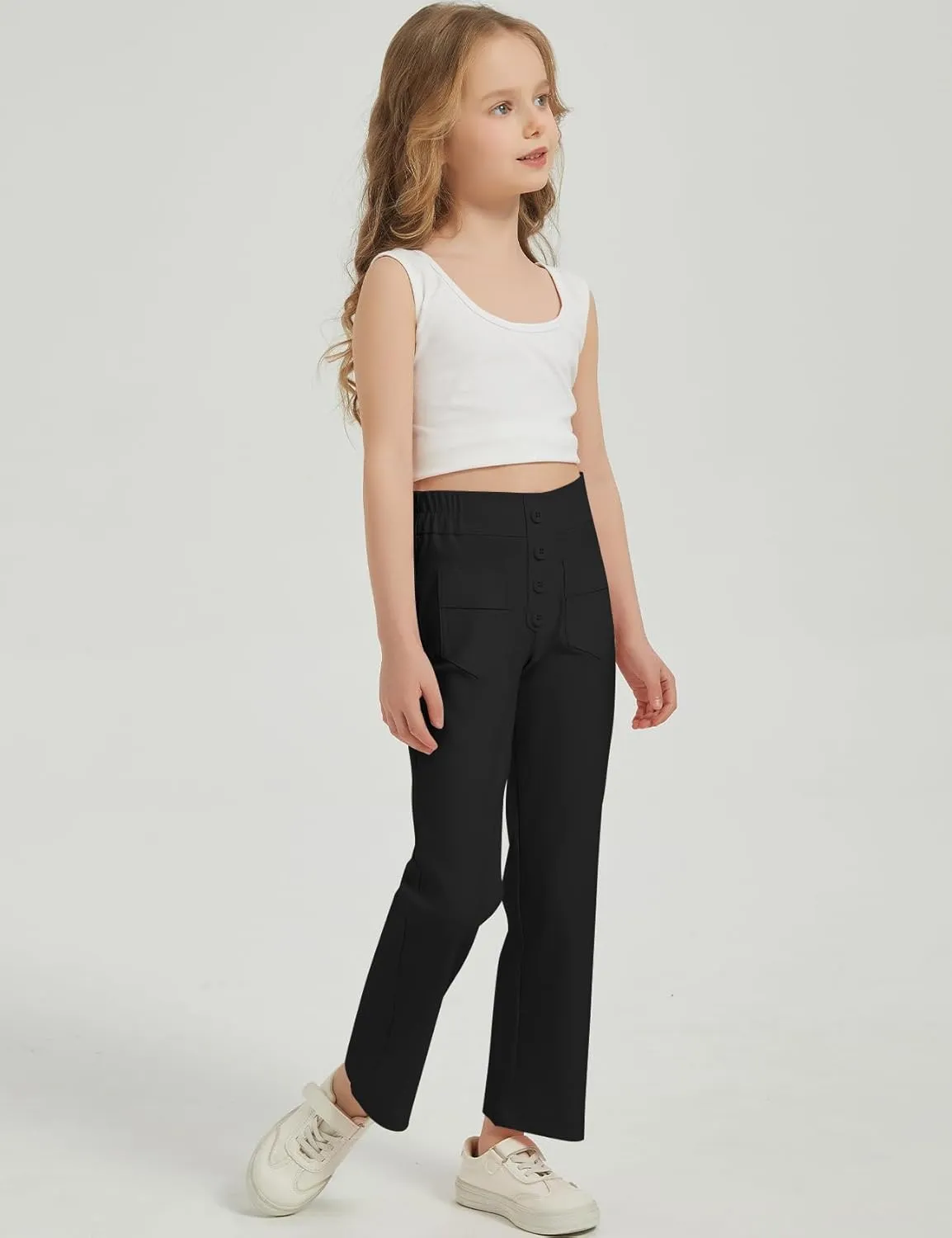 Flygo Girls Flare Yoga Pants Kids High Waisted Multiple Pockets Bell Bottoms Button Bootcut Stretchy Pants