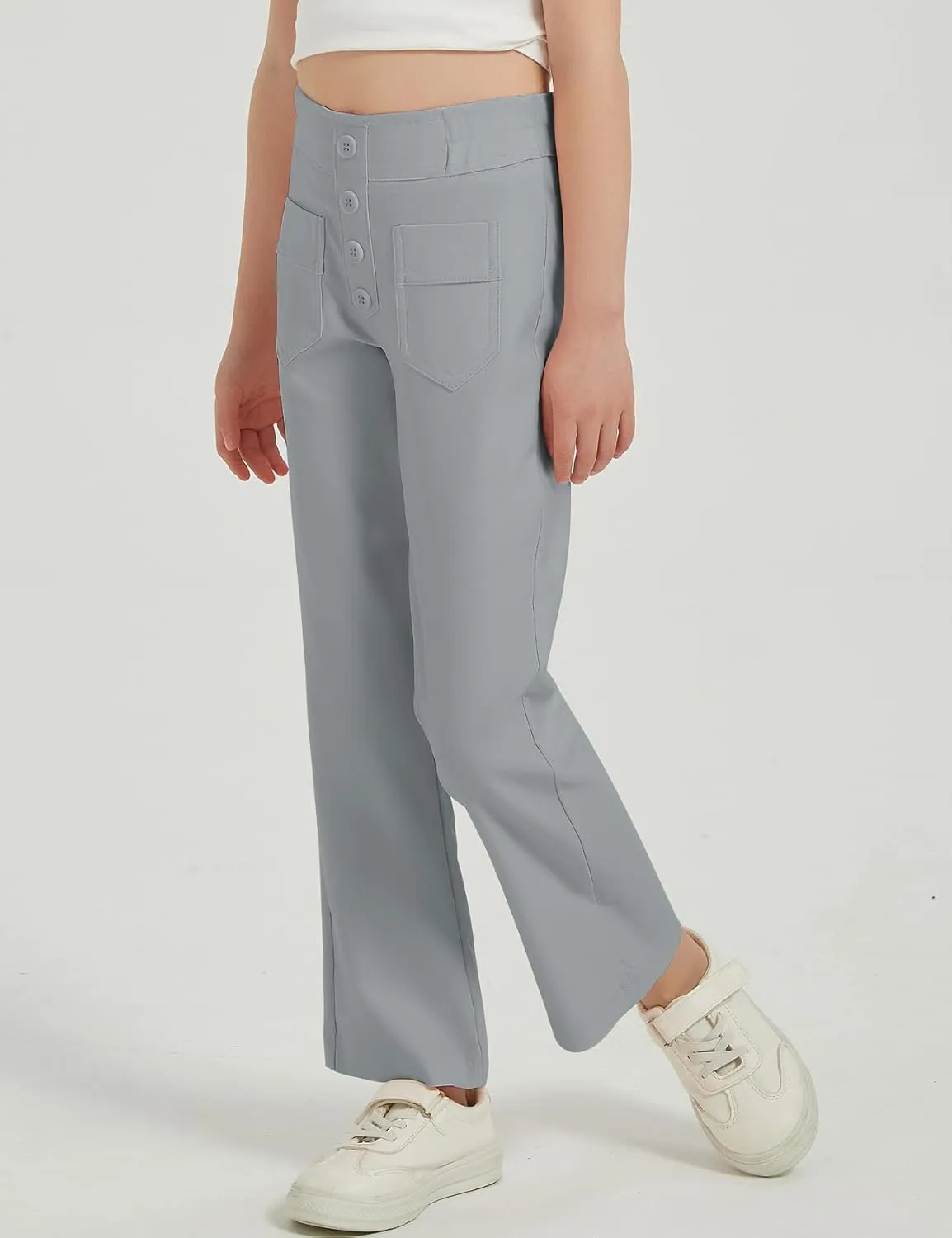 Flygo Girls Flare Yoga Pants Kids High Waisted Multiple Pockets Bell Bottoms Button Bootcut Stretchy Pants