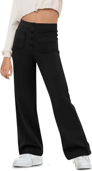 Flygo Girls Flare Yoga Pants Kids High Waisted Multiple Pockets Bell Bottoms Button Bootcut Stretchy Pants