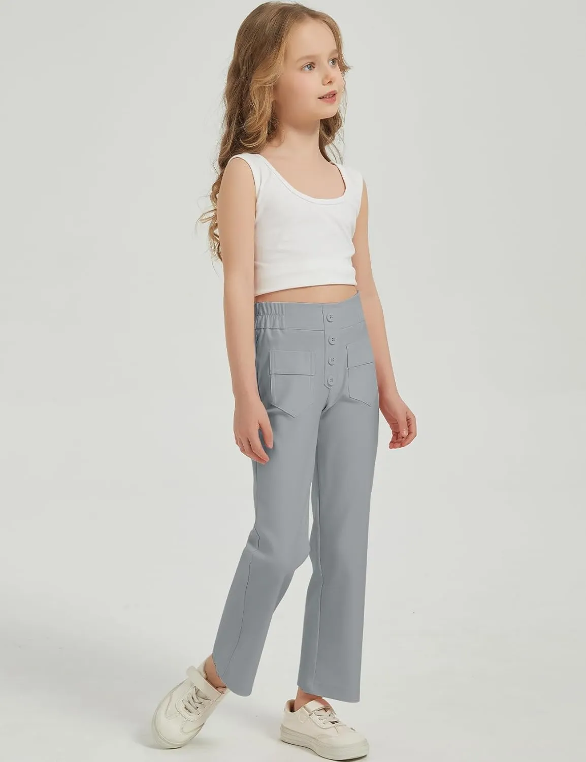 Flygo Girls Flare Yoga Pants Kids High Waisted Multiple Pockets Bell Bottoms Button Bootcut Stretchy Pants