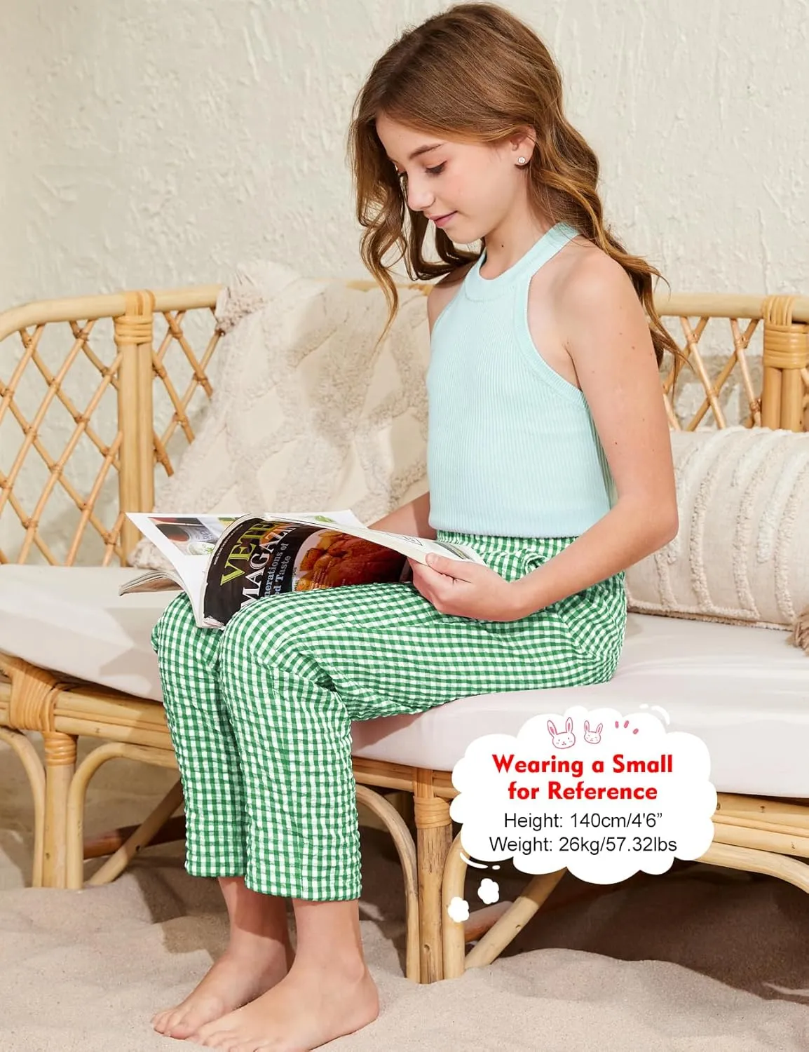Flygo Girls Plaid Wide Leg Pants Gingham Elastic Waist Trousers Cute Print Bottoms with Slant Pockets
