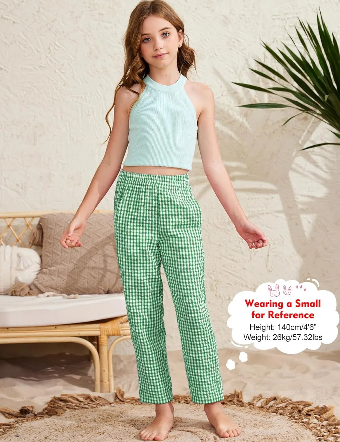 Flygo Girls Plaid Wide Leg Pants Gingham Elastic Waist Trousers Cute Print Bottoms with Slant Pockets