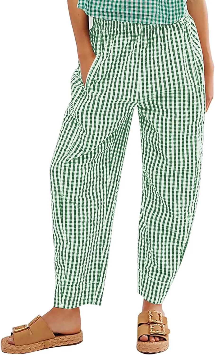 Flygo Girls Plaid Wide Leg Pants Gingham Elastic Waist Trousers Cute Print Bottoms with Slant Pockets