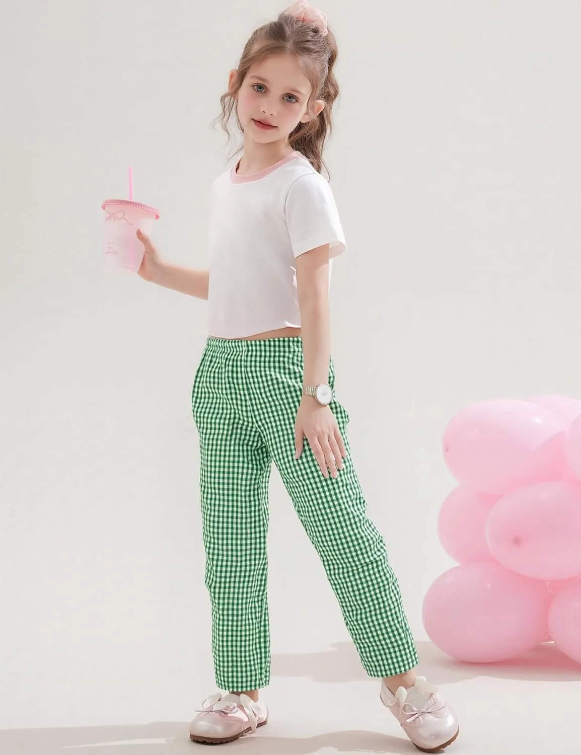 Flygo Girls Plaid Wide Leg Pants Gingham Elastic Waist Trousers Cute Print Bottoms with Slant Pockets