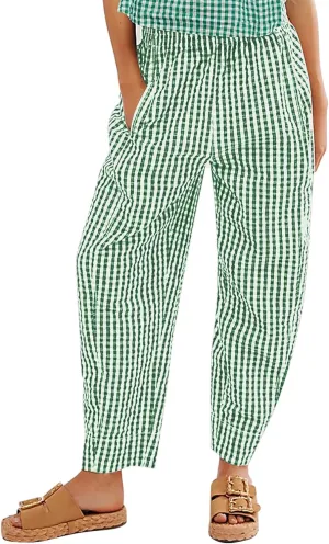 Flygo Girls Plaid Wide Leg Pants Gingham Elastic Waist Trousers Cute Print Bottoms with Slant Pockets