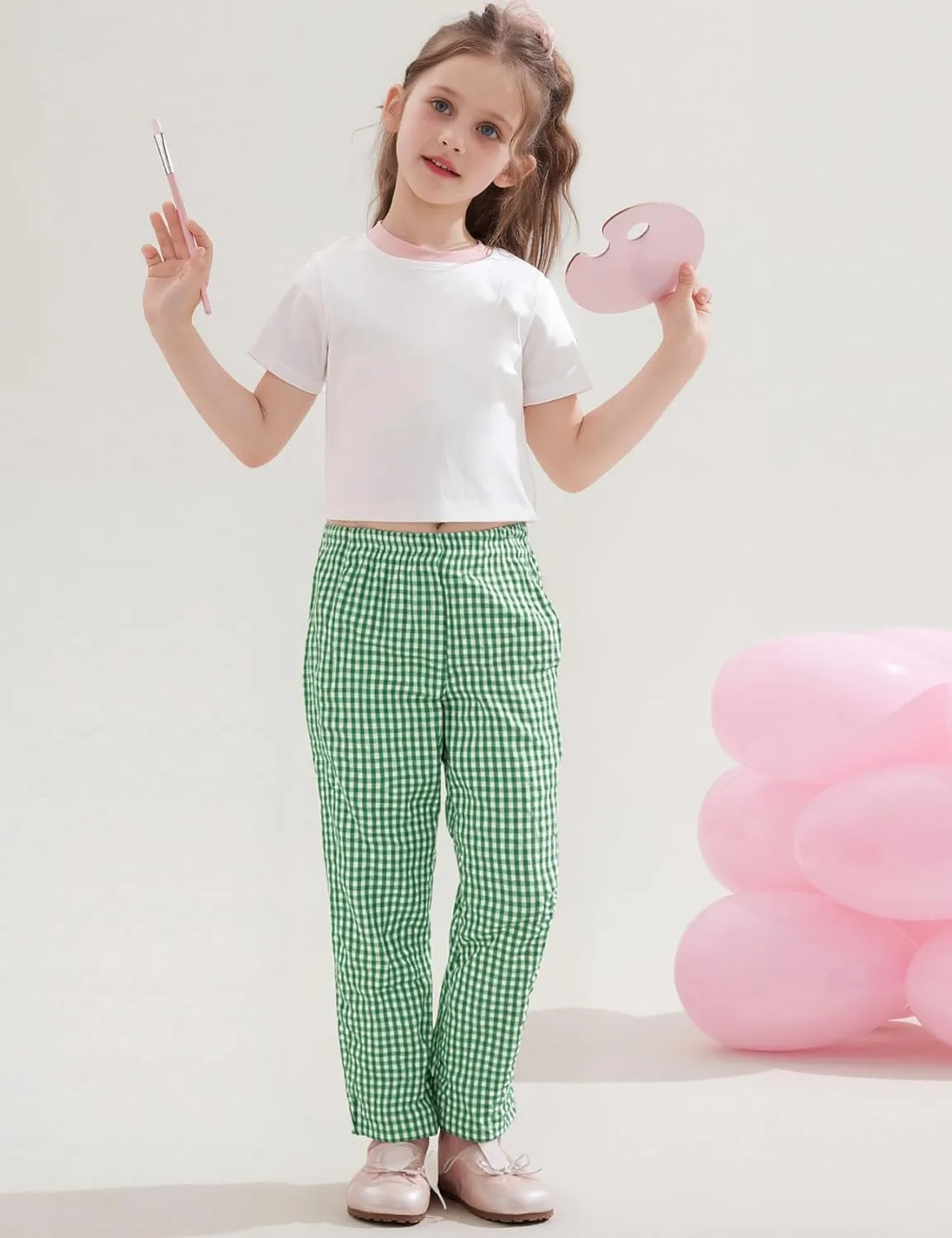 Flygo Girls Plaid Wide Leg Pants Gingham Elastic Waist Trousers Cute Print Bottoms with Slant Pockets