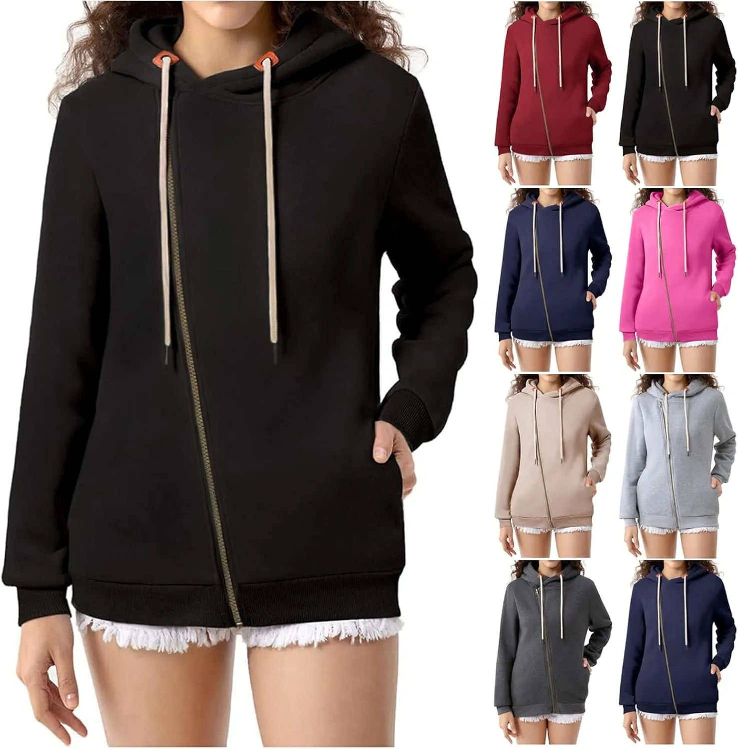 Full Zip Up Hoodie for Women Casual Long Sleeve Hoodie Sweatshirts Hoodie Jackets Soild Color Tops