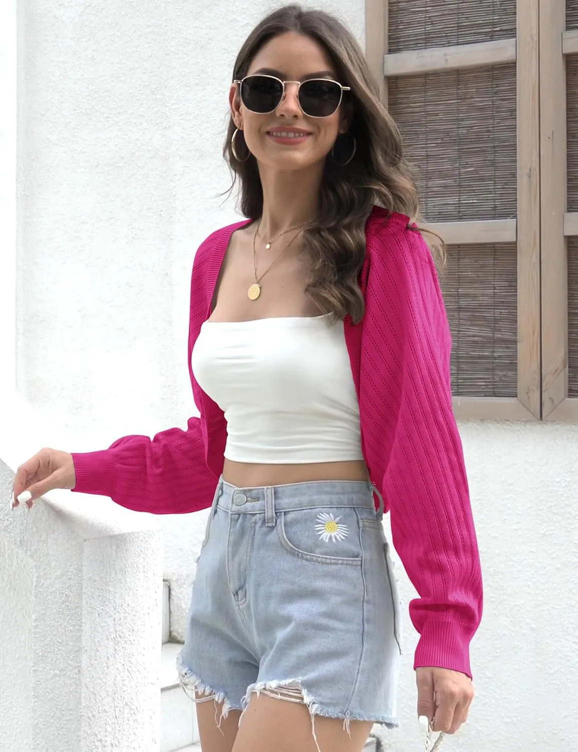 Genhoo Open Front Bolero Shrug for Women Long Sleeve Cropped Cardigan Sweaters Crochet Dressy Cardigans for Dresses