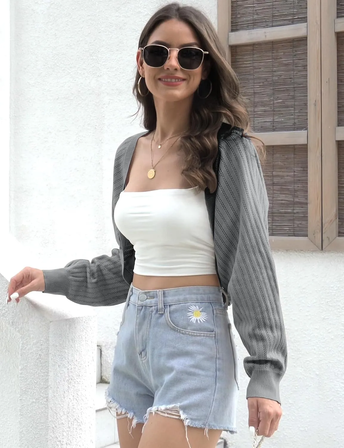 Genhoo Open Front Bolero Shrug for Women Long Sleeve Cropped Cardigan Sweaters Crochet Dressy Cardigans for Dresses