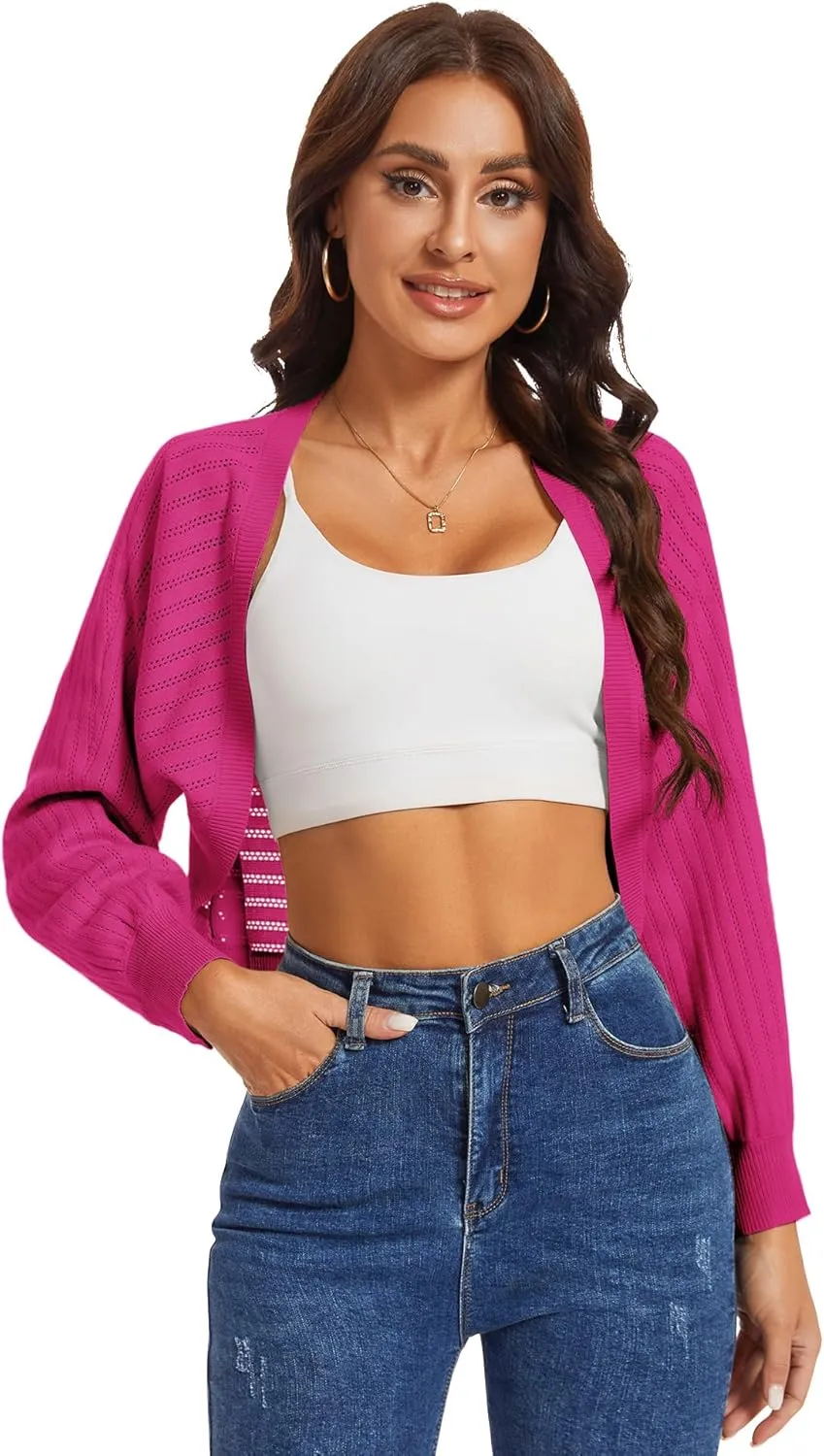 Genhoo Open Front Bolero Shrug for Women Long Sleeve Cropped Cardigan Sweaters Crochet Dressy Cardigans for Dresses