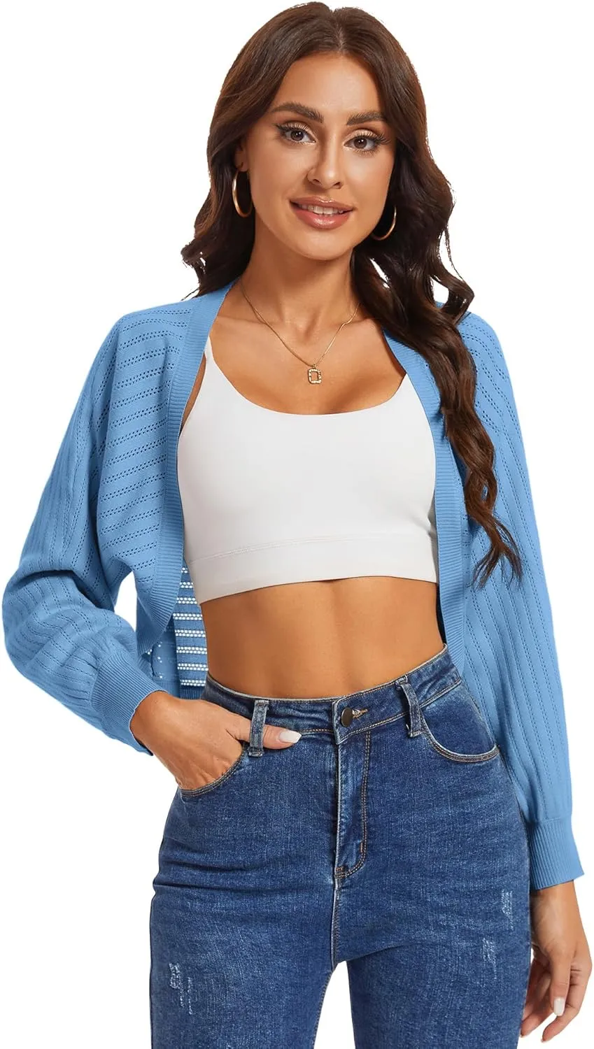 Genhoo Open Front Bolero Shrug for Women Long Sleeve Cropped Cardigan Sweaters Crochet Dressy Cardigans for Dresses