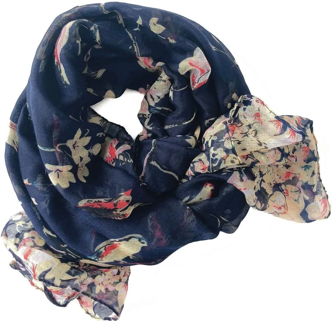 GERINLY Scarfs for Women Lightweight Floral Birds Print Cotton Scarves and Wraps for Summer Shawl