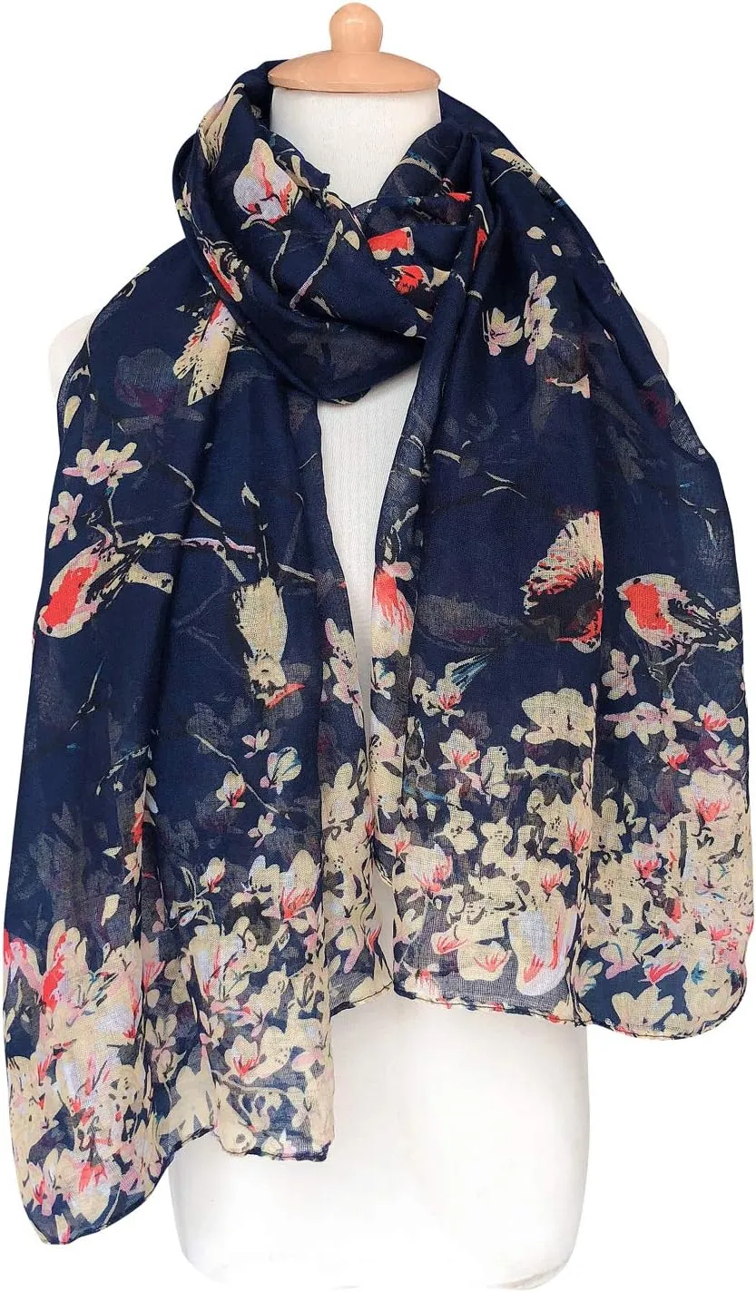 GERINLY Scarfs for Women Lightweight Floral Birds Print Cotton Scarves and Wraps for Summer Shawl