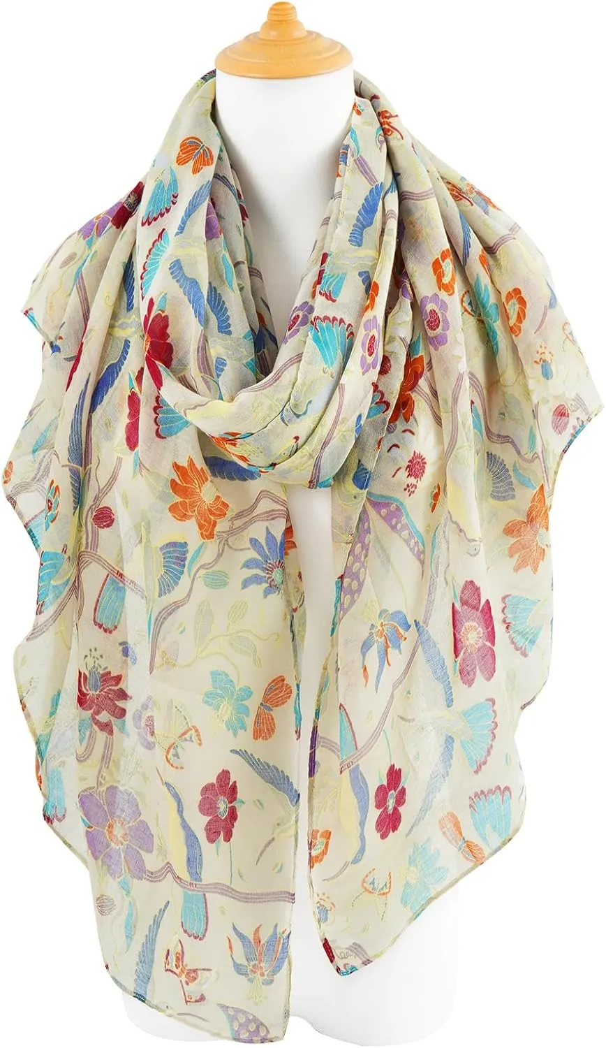 GERINLY Scarfs for Women Lightweight Floral Birds Print Cotton Scarves and Wraps for Summer Shawl