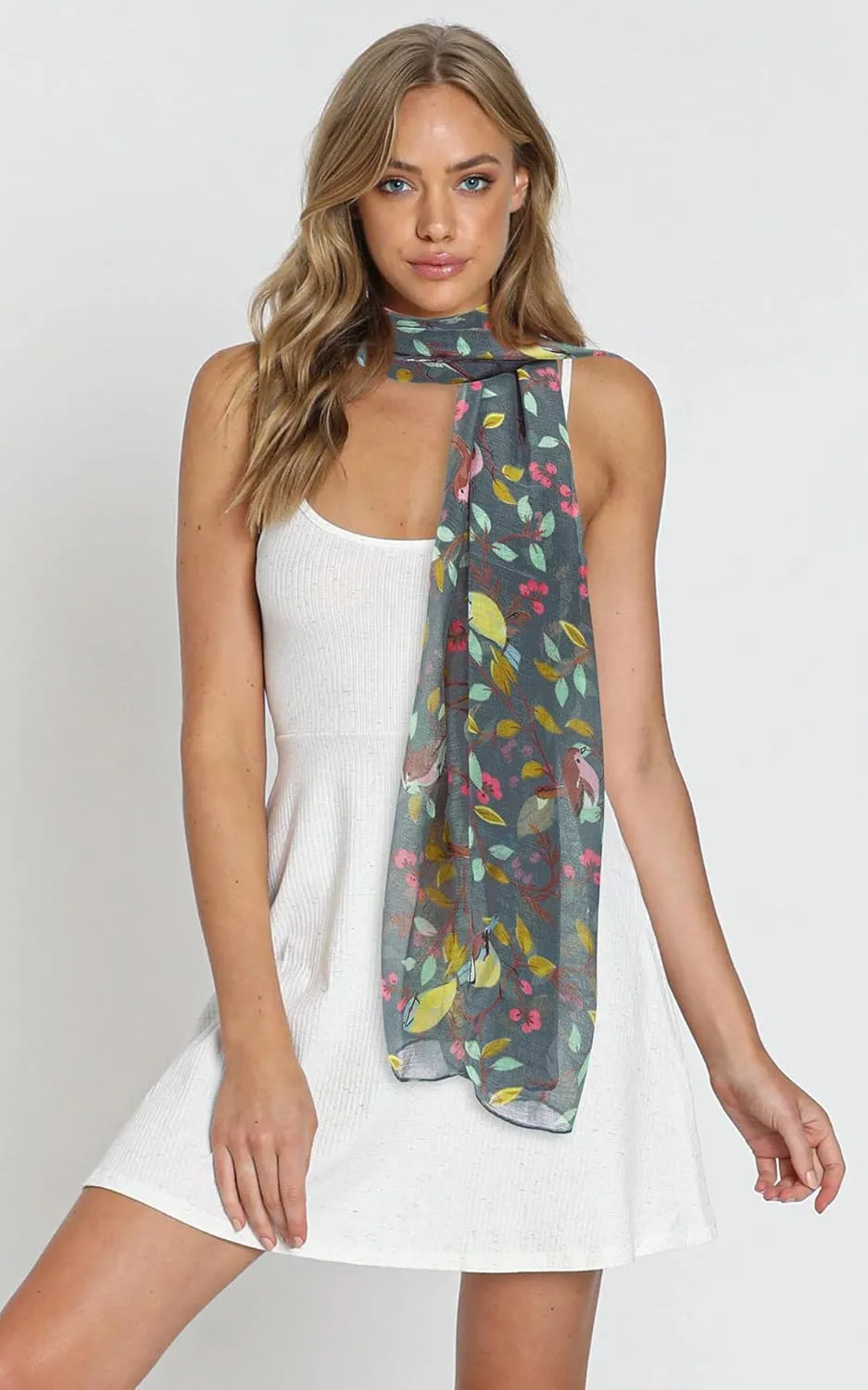 GERINLY Scarfs for Women Lightweight Floral Birds Print Cotton Scarves and Wraps for Summer Shawl