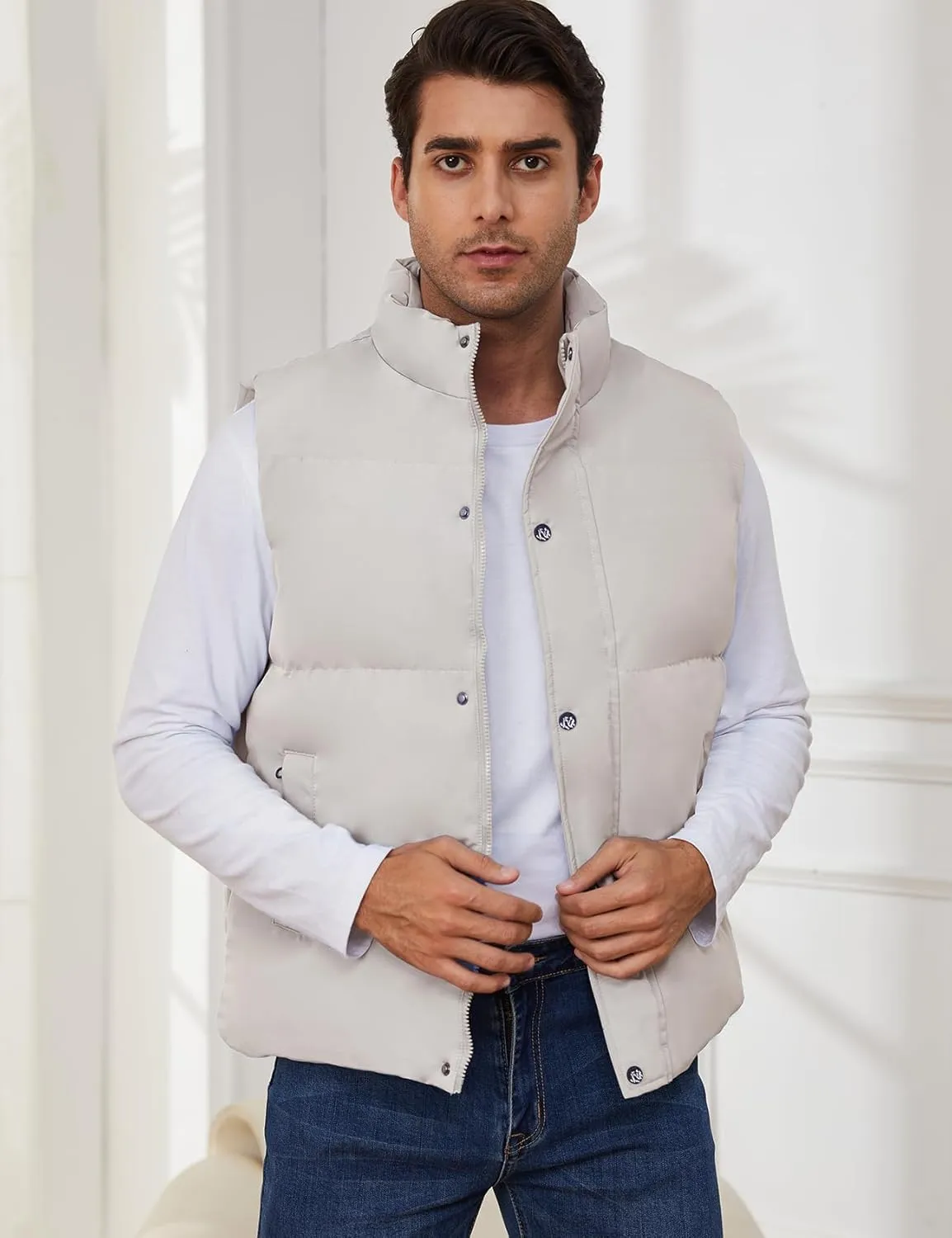 Gihuo Mens Puffer Vest Winter Padded Gilet Stand Collar Sleeveless Quilted Jackets Full Zip Coats Warm Outerwear