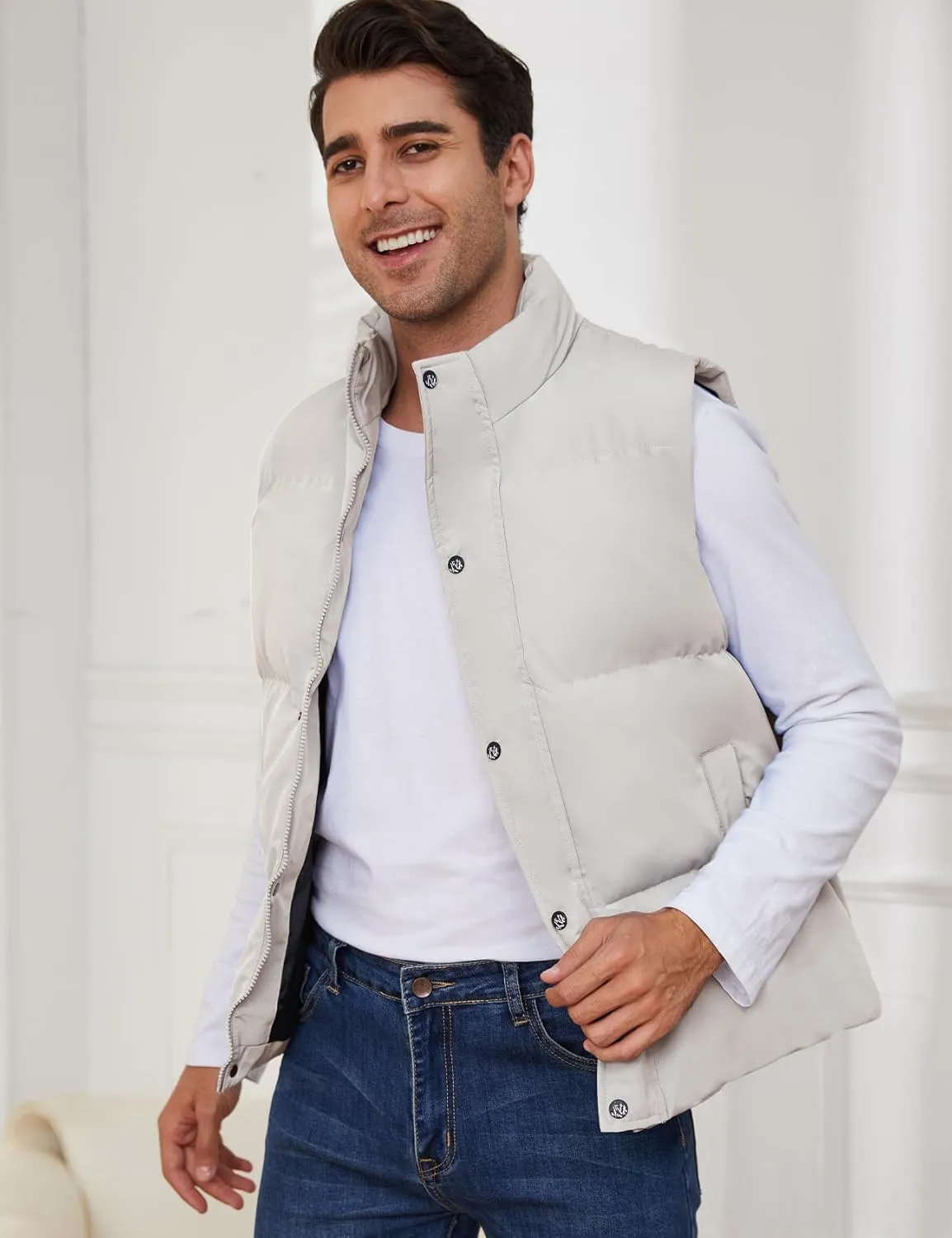 Gihuo Mens Puffer Vest Winter Padded Gilet Stand Collar Sleeveless Quilted Jackets Full Zip Coats Warm Outerwear