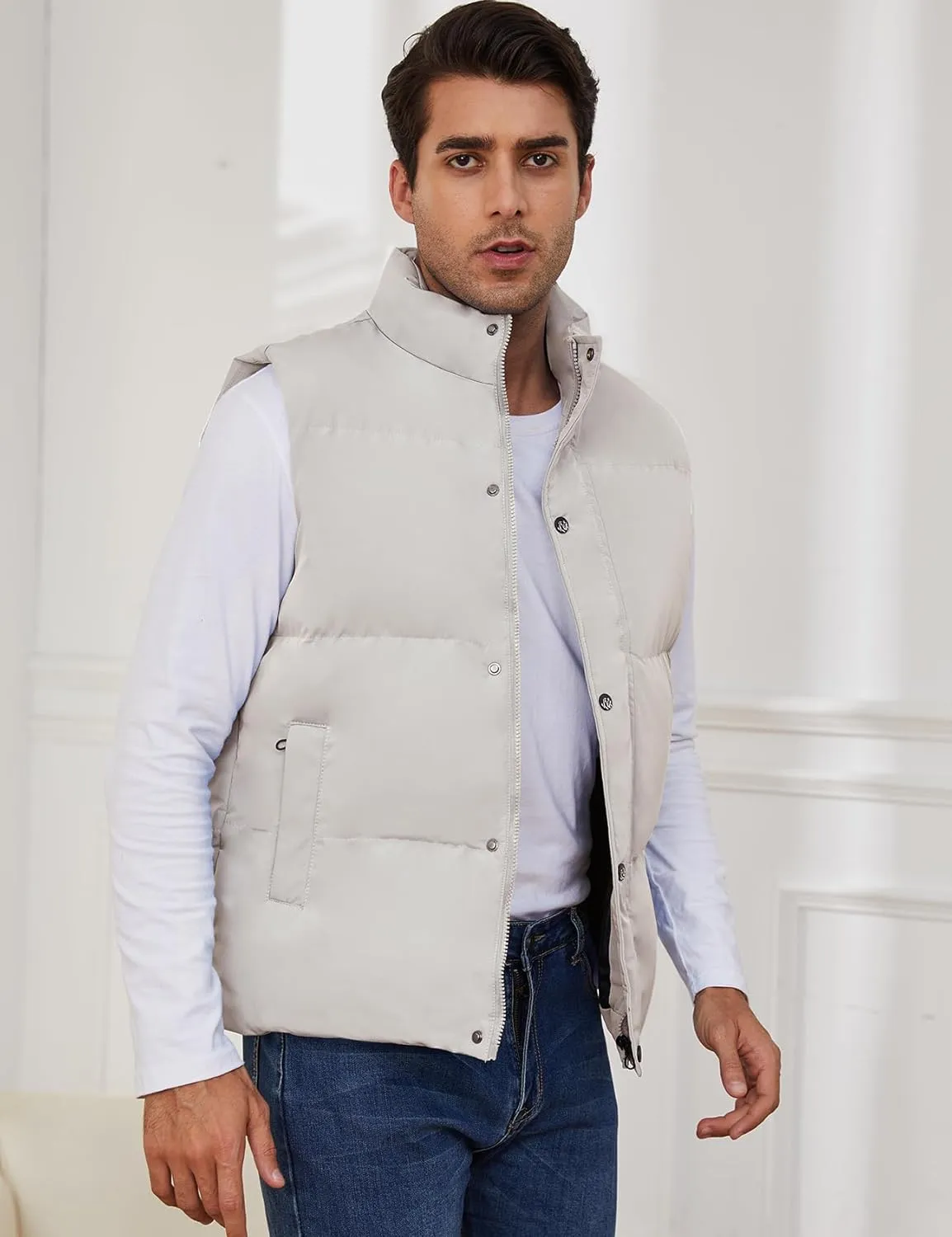 Gihuo Mens Puffer Vest Winter Padded Gilet Stand Collar Sleeveless Quilted Jackets Full Zip Coats Warm Outerwear
