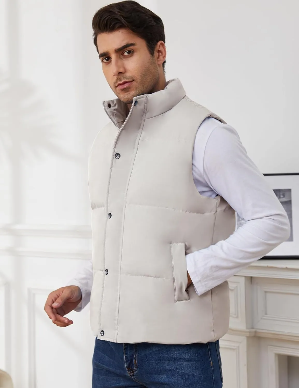 Gihuo Mens Puffer Vest Winter Padded Gilet Stand Collar Sleeveless Quilted Jackets Full Zip Coats Warm Outerwear
