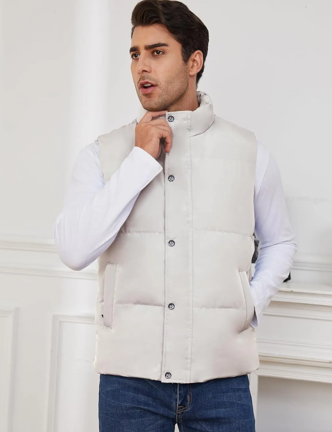 Gihuo Mens Puffer Vest Winter Padded Gilet Stand Collar Sleeveless Quilted Jackets Full Zip Coats Warm Outerwear