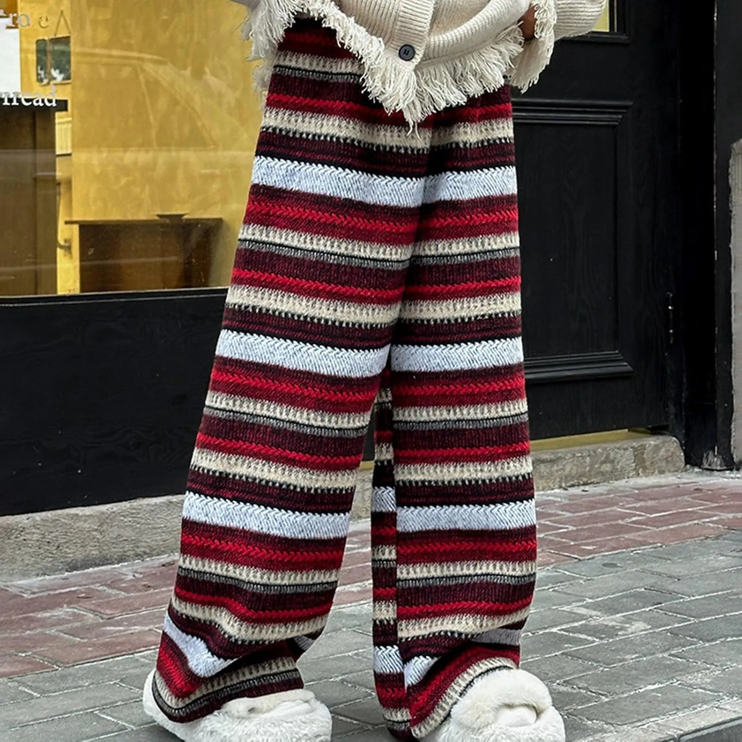 Girls Wide Pants Stripe Casual Straight Pants Elastic Waist Flannel Trousers Bottoms Comfortable Baggy Long Outfit