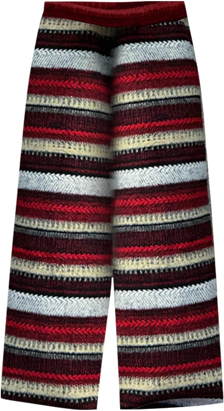 Girls Wide Pants Stripe Casual Straight Pants Elastic Waist Flannel Trousers Bottoms Comfortable Baggy Long Outfit