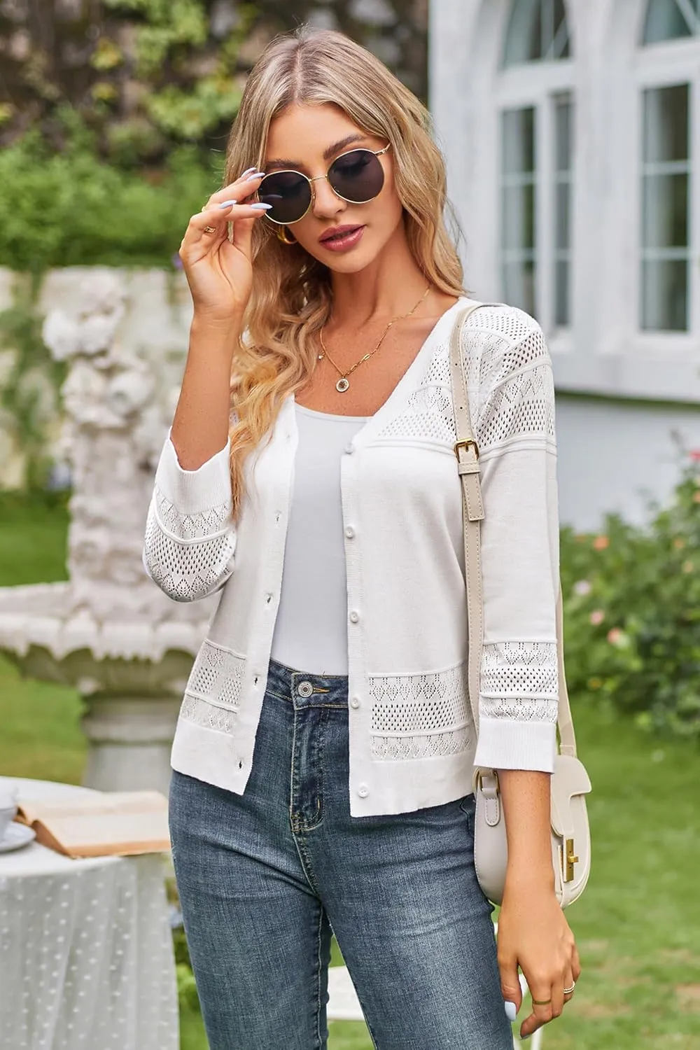 GRACE KARIN Women's 2025 Cropped Cardigan 3/4 Sleeve Lightweight Crochet Shrug Hollowed-Out Knit Sweater Tops