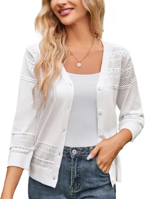 GRACE KARIN Women's 2025 Cropped Cardigan 3/4 Sleeve Lightweight Crochet Shrug Hollowed-Out Knit Sweater Tops