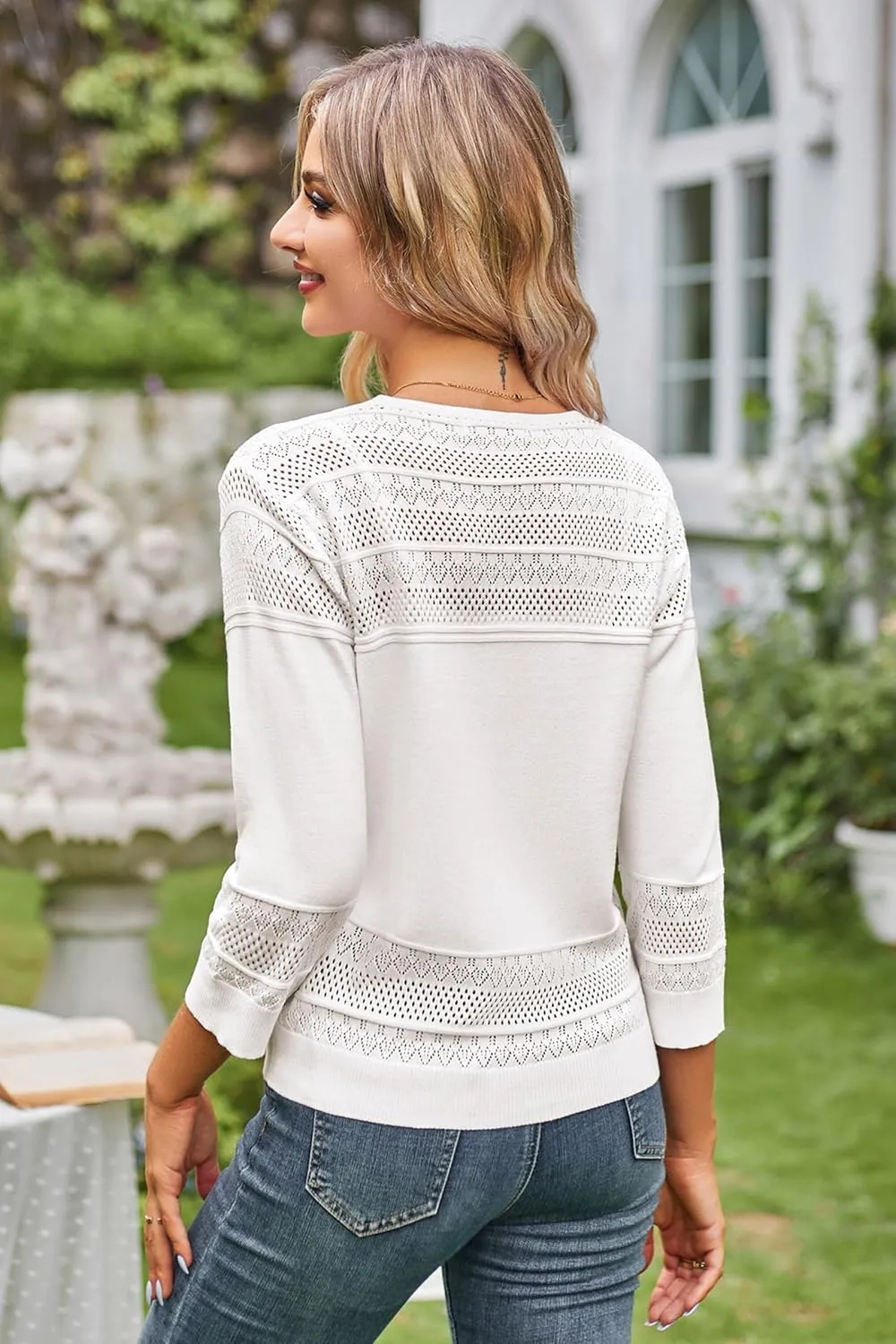 GRACE KARIN Women's 2025 Cropped Cardigan 3/4 Sleeve Lightweight Crochet Shrug Hollowed-Out Knit Sweater Tops