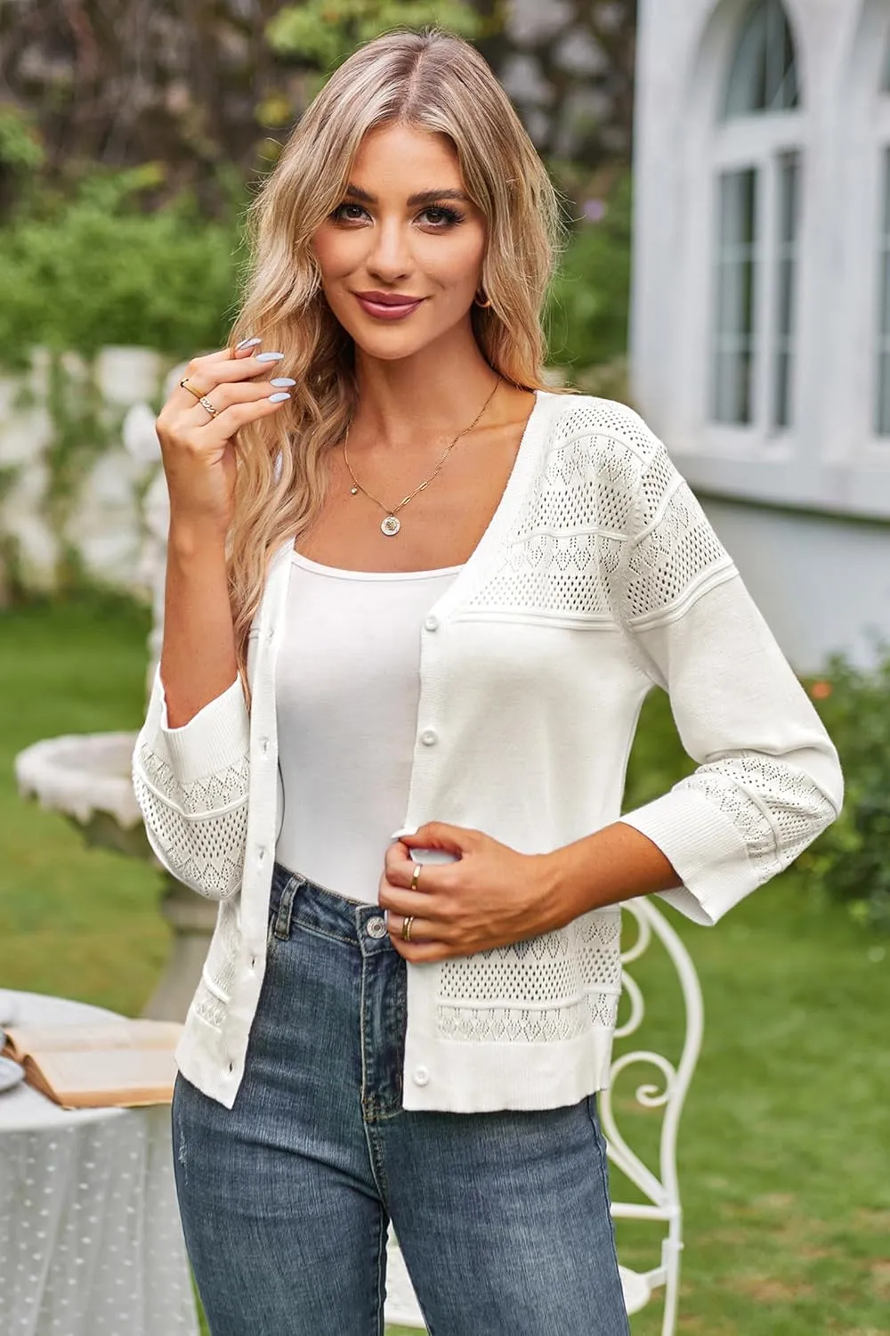 GRACE KARIN Women's 2025 Cropped Cardigan 3/4 Sleeve Lightweight Crochet Shrug Hollowed-Out Knit Sweater Tops