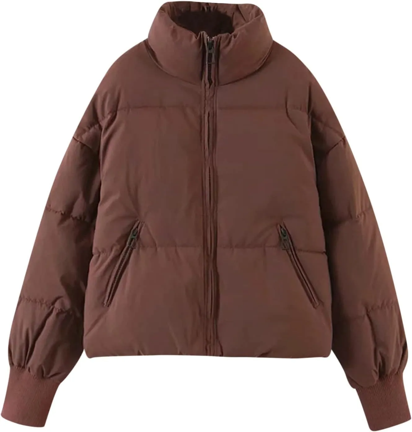 Hasta Womens Cropped Puffer Jacket with Pockets Warm Cozy Down Coats Winter Full Zip Oversized Solid Padded Quilted Jackets