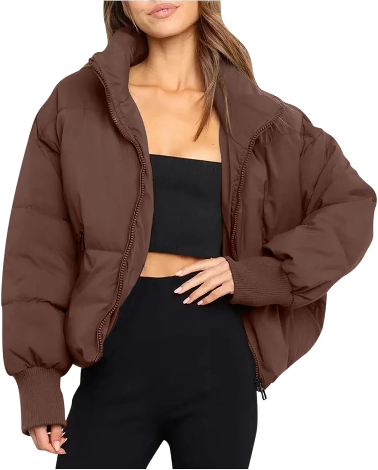 Hasta Womens Cropped Puffer Jacket with Pockets Warm Cozy Down Coats Winter Full Zip Oversized Solid Padded Quilted Jackets