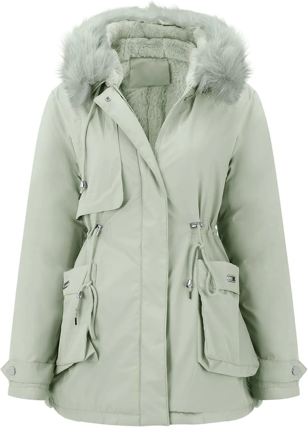 Hasta Womens Faux Fur Coat with Hood Drawstring Waist Fleece Fluffy Coat Winter Thickened Warm Plush Parka Fuzzy Jackets
