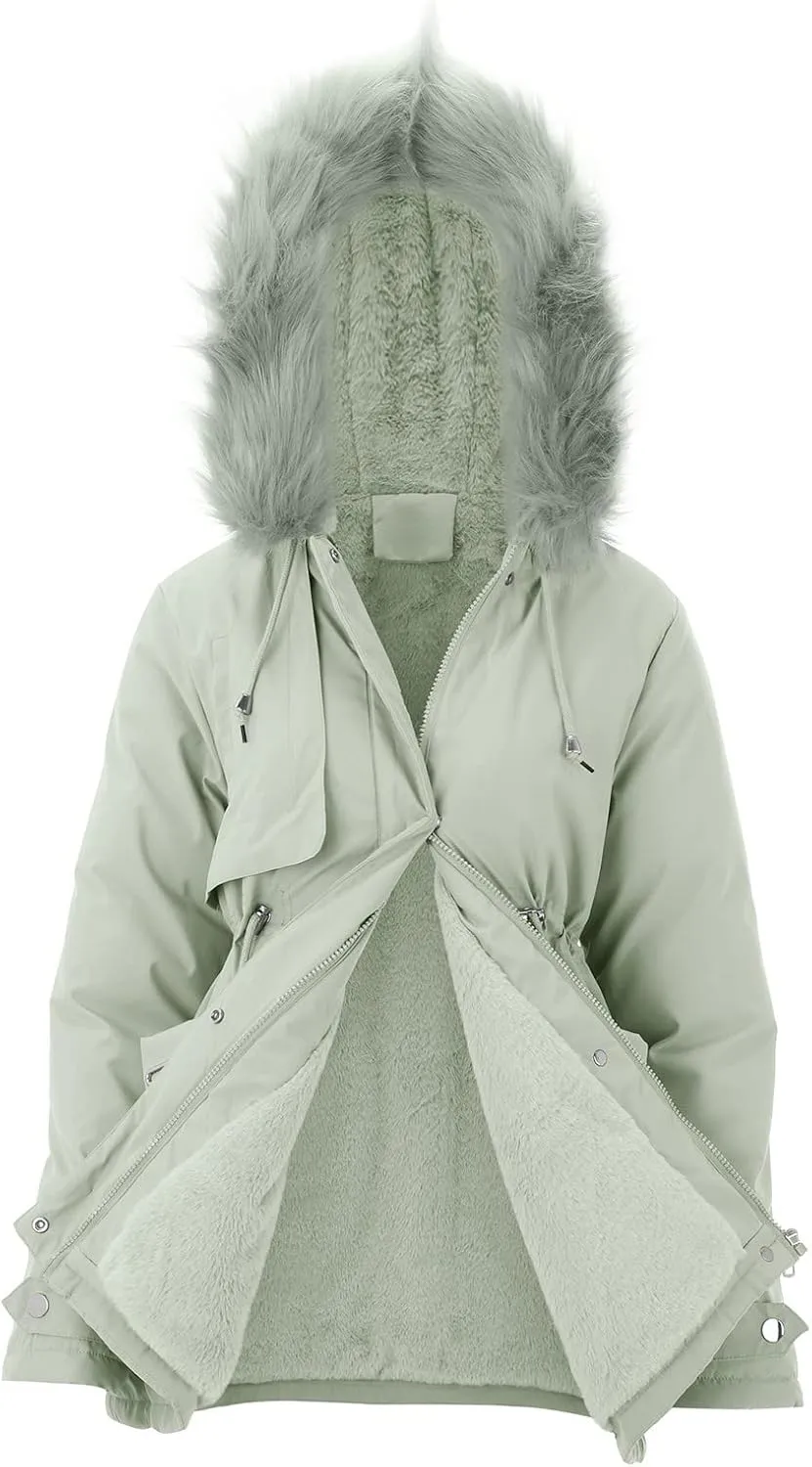 Hasta Womens Faux Fur Coat with Hood Drawstring Waist Fleece Fluffy Coat Winter Thickened Warm Plush Parka Fuzzy Jackets