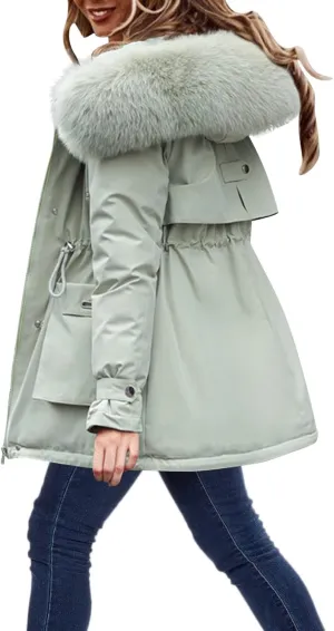 Hasta Womens Faux Fur Coat with Hood Drawstring Waist Fleece Fluffy Coat Winter Thickened Warm Plush Parka Fuzzy Jackets