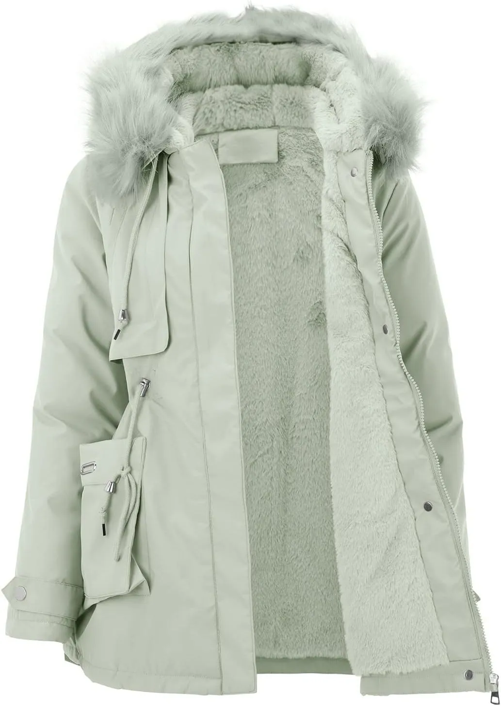Hasta Womens Faux Fur Coat with Hood Drawstring Waist Fleece Fluffy Coat Winter Thickened Warm Plush Parka Fuzzy Jackets