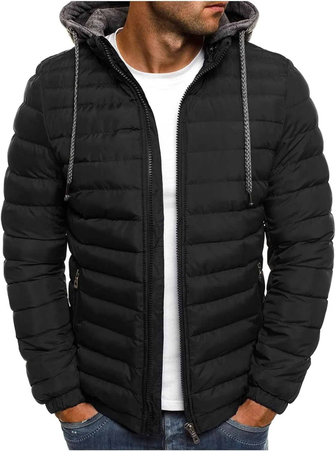 hlysgo Men's Winter Puffer Jacket Long Sleeve Stand Collar Bubble Coat Full Zip Warm Padded Jackets Outerwear Cold Weather